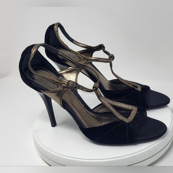 Cole Haan Black Velvet & Brassy Gold Open Toe Stilletto T-Strap Heels - Picture 5 of 16